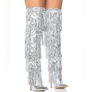 AZALEA WANG Metallic Silver Sequin Fringe Over The Knee Boots